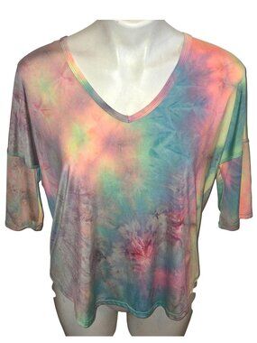 MED Jodifl Neon Tie Dye 3/4 Sleeve Knit T-Shirt Top NEW USA Fierce Spirit Silky